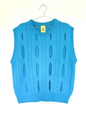 kfashion blue sweater vest - bright cable knit perforations holes - XL like new